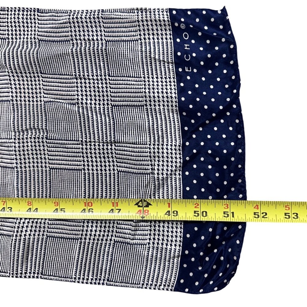Vintage Long Scarf Echo Navy Blue White Houndstooth Plaid Polka Dot Retro - Picture 5 of 6
